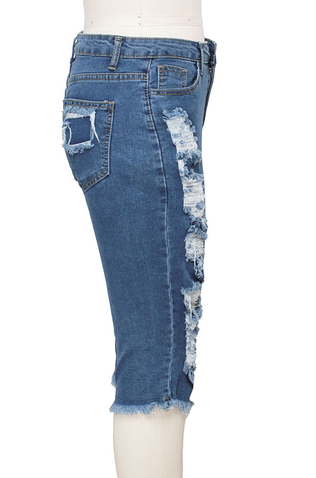 Torn Dy Hand High Waist Water Washing Stretch Cowboy Cropped Trousers SMR2400
