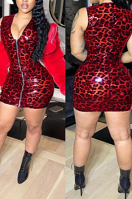 Sexy Deep V Leopard Print PU Stretch Mini Dress QZ3320