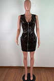 Sexy Deep V Leopard Print PU Stretch Mini Dress QZ3320