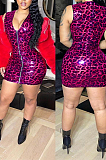 Sexy Deep V Leopard Print PU Stretch Mini Dress QZ3320