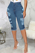 Torn Dy Hand High Waist Water Washing Stretch Cowboy Cropped Trousers SMR2400