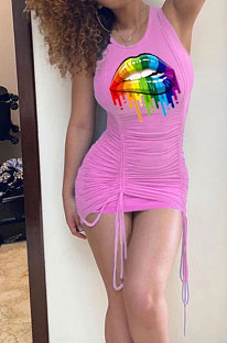 Sexy Mouth Graphic Shirred Detail Mini Dress BNB88