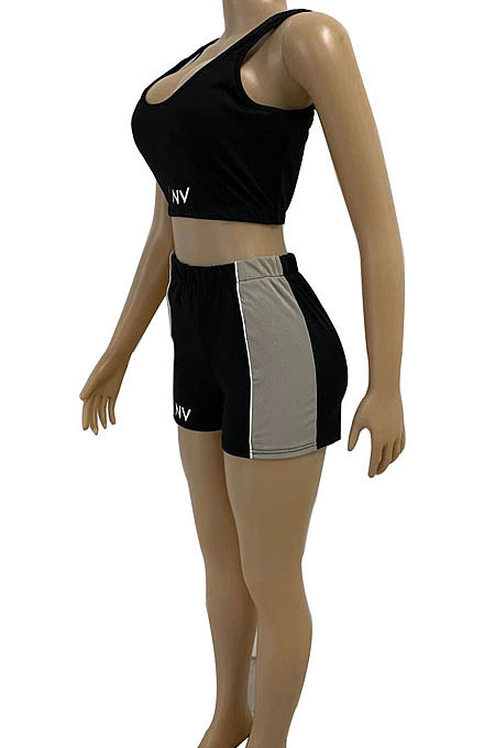 Euramerican Trendy Women Vest Navel Exposure Sport Casual Spliced Shorts Sets BNB77
