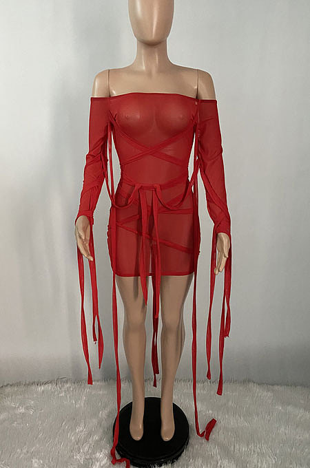 Sexy Women Net Yarn Bind Pure Color Mini Dress XQ1099