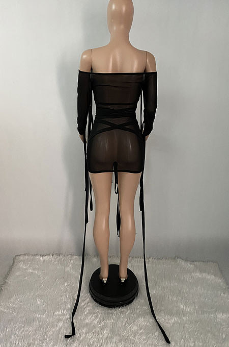 Sexy Women Net Yarn Bind Pure Color Mini Dress XQ1099