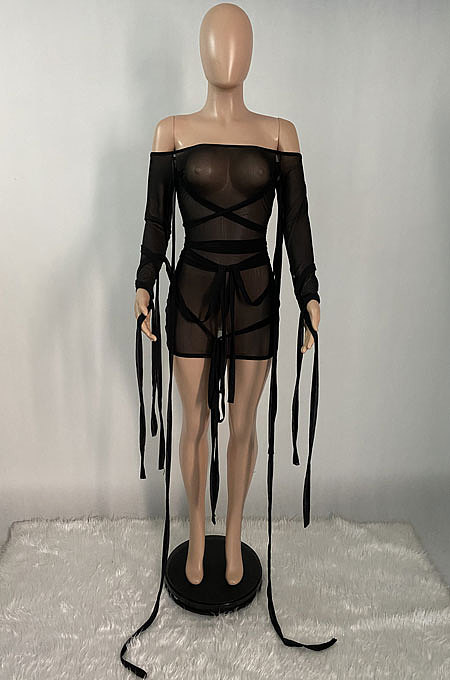 Sexy Women Net Yarn Bind Pure Color Mini Dress XQ1099