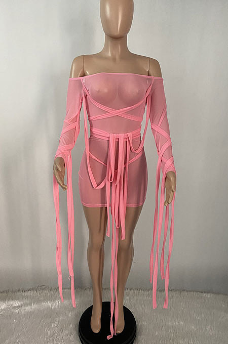 Sexy Women Net Yarn Bind Pure Color Mini Dress XQ1099