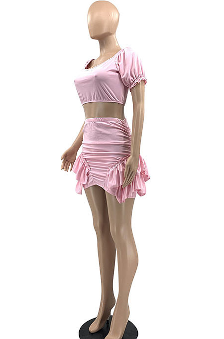 Euramerican Womne Spring Summer Pure Color Lotus Leaf Agaric Edge Skirts Sets JR3600