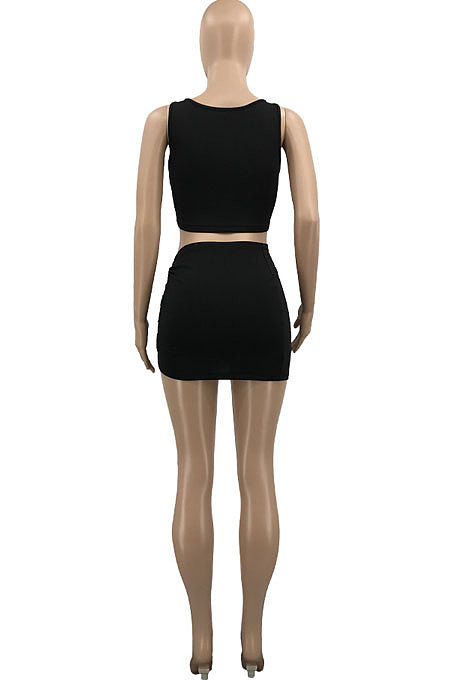 Pure Color Gallus Short Sleeve Skirts Sets AD0203