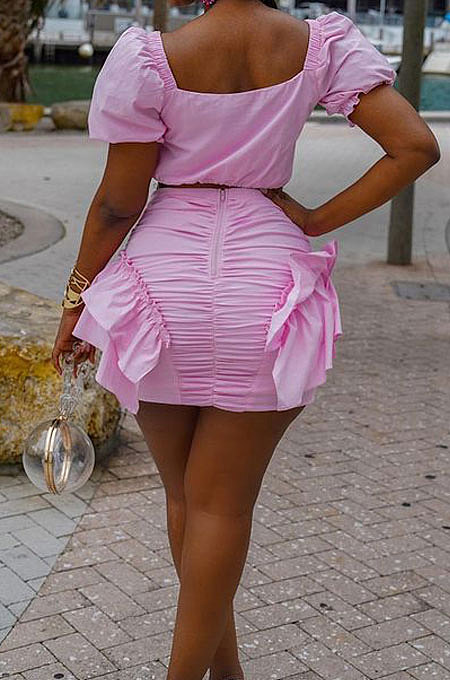 Euramerican Womne Spring Summer Pure Color Lotus Leaf Agaric Edge Skirts Sets JR3600