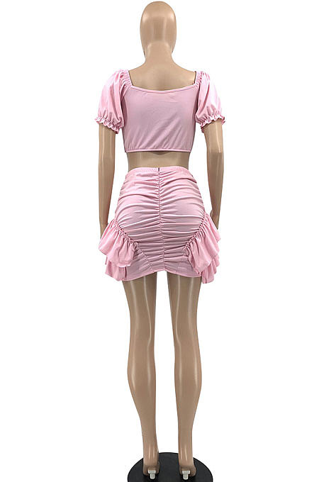 Euramerican Womne Spring Summer Pure Color Lotus Leaf Agaric Edge Skirts Sets JR3600