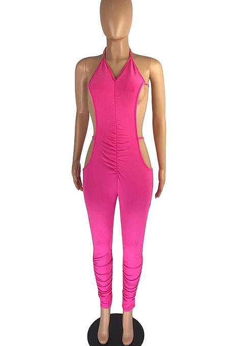 Pure Color Ruffle Bind Hollow Out Bodycon Jumpsuits DMM8166