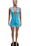 Hang A Neck Halter Neck Casual Pure Color Jeans Romper Shorts F8343