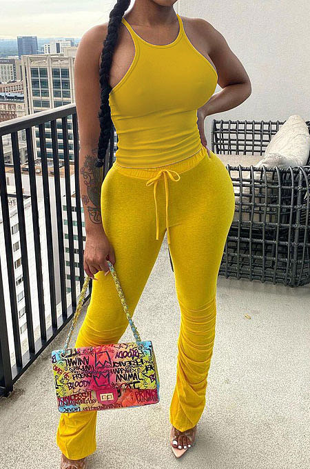 Sexy Straps Pure Color Shirred Detail Pants Sets DN8596