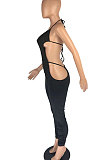 Pure Color Ruffle Bind Hollow Out Bodycon Jumpsuits DMM8166