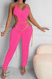 Pure Color Ruffle Bind Hollow Out Bodycon Jumpsuits DMM8166