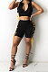 Fashion Stand Collar Net Yarn Spliced Eyelet Bind Casual Shorts Sets CM2111