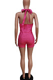 Hang A Neck Halter Neck Casual Pure Color Jeans Romper Shorts F8343