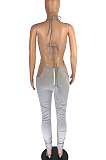 Pure Color Ruffle Bind Hollow Out Bodycon Jumpsuits DMM8166