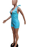 Hang A Neck Halter Neck Casual Pure Color Jeans Romper Shorts F8343