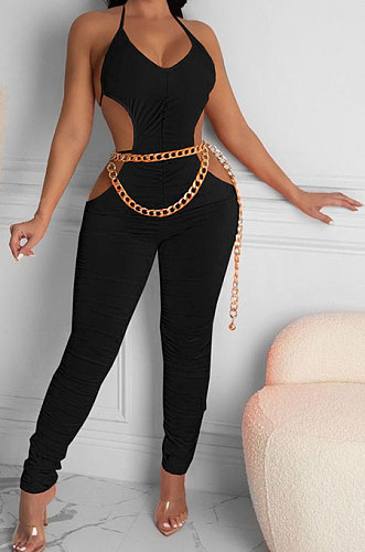 Pure Color Ruffle Bind Hollow Out Bodycon Jumpsuits DMM8166