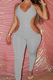Pure Color Ruffle Bind Hollow Out Bodycon Jumpsuits DMM8166