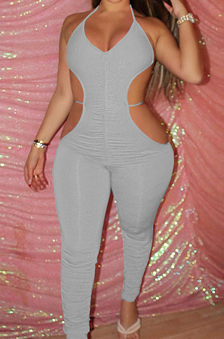 Pure Color Ruffle Bind Hollow Out Bodycon Jumpsuits DMM8166