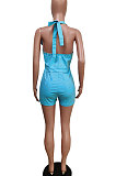 Hang A Neck Halter Neck Casual Pure Color Jeans Romper Shorts F8343
