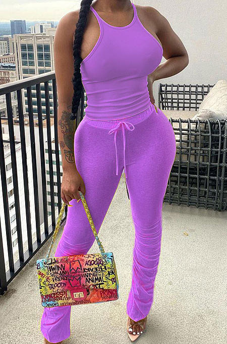 Sexy Straps Pure Color Shirred Detail Pants Sets DN8596