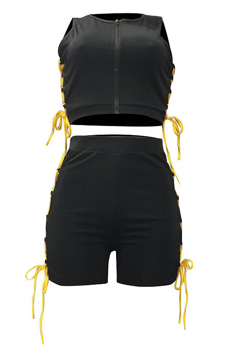 Fashion Stand Collar Net Yarn Spliced Eyelet Bind Casual Shorts Sets CM2111