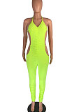Pure Color Ruffle Bind Hollow Out Bodycon Jumpsuits DMM8166