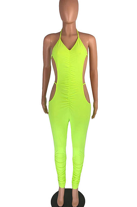 Pure Color Ruffle Bind Hollow Out Bodycon Jumpsuits DMM8166