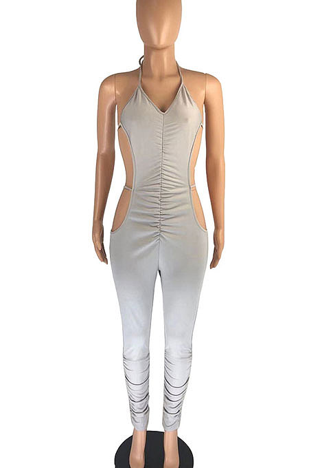 Pure Color Ruffle Bind Hollow Out Bodycon Jumpsuits DMM8166