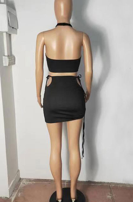 Pure Color Hang A Neck Package Hip Skirt Two-Pieces RB3156