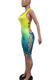 Fashion Sexy Gradient Printing Personality Bind Halter Neck Romper Shorts GHH006