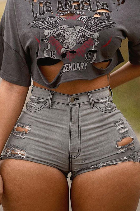 Hole Burnt Flower Wash Short Jeans XQ1106