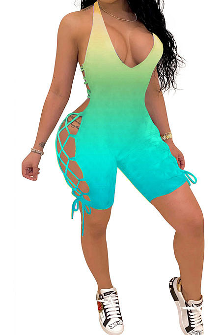 Fashion Sexy Gradient Printing Personality Bind Halter Neck Romper Shorts GHH006