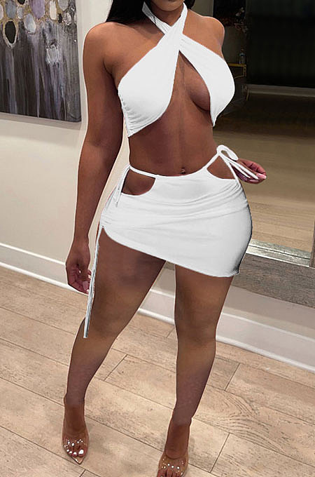 Pure Color Hang A Neck Package Hip Skirt Two-Pieces RB3156