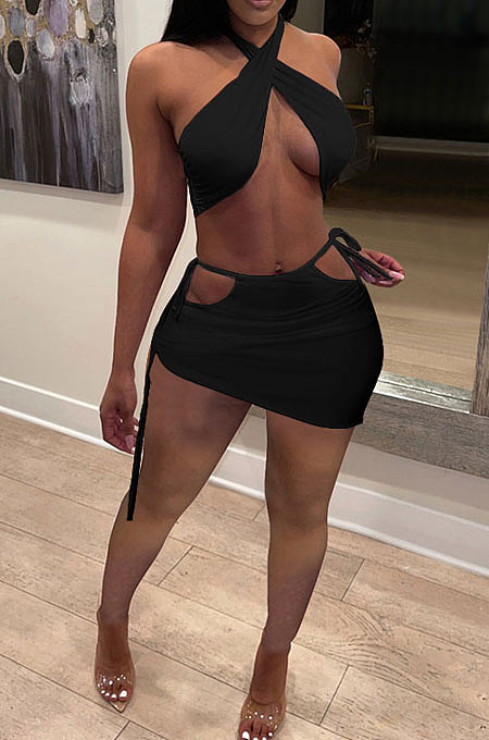 Pure Color Hang A Neck Package Hip Skirt Two-Pieces RB3156