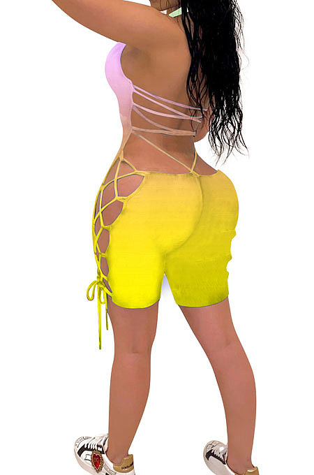 Fashion Sexy Gradient Printing Personality Bind Halter Neck Romper Shorts GHH006