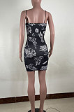 Trendy Sexy Printing Activity Buckle Gallus Mini Dress RB3158