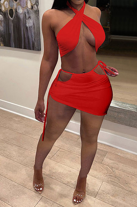 Pure Color Hang A Neck Package Hip Skirt Two-Pieces RB3156