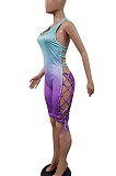 Fashion Sexy Gradient Printing Personality Bind Halter Neck Romper Shorts GHH006