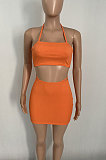 Pure Color Drawsting Sleeveless Rib Bind Casual Skirts Sets XQ1114