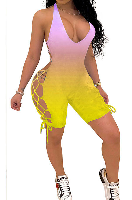Fashion Sexy Gradient Printing Personality Bind Halter Neck Romper Shorts GHH006