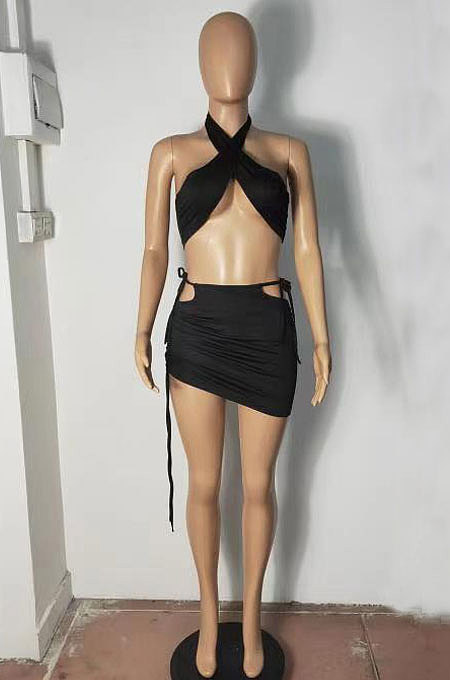 Pure Color Hang A Neck Package Hip Skirt Two-Pieces RB3156