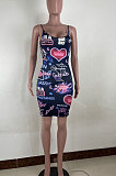 Trendy Sexy Printing Activity Buckle Gallus Mini Dress RB3158