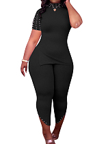 Pure Color Nail Bead Casual Vented Two-Piece HH8958