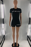 Fashion Casual Letter Print Hurnt Flower Short Sleeve Two-Piece S6277