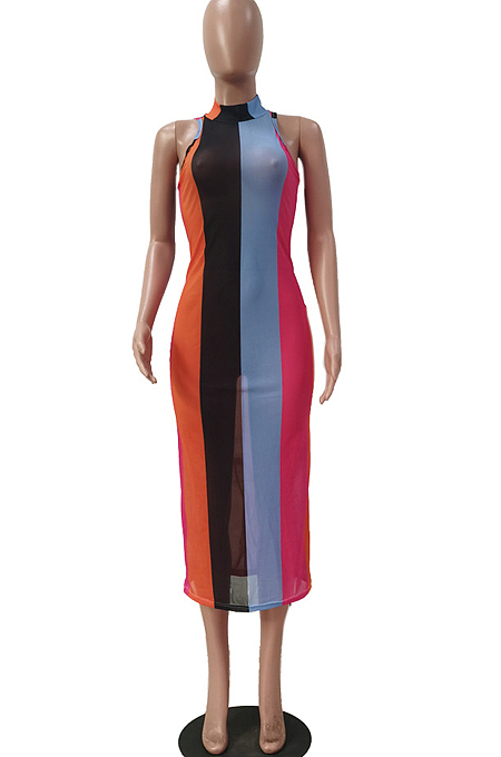 Perspective Net Yarny Print Stripe Sleeveless Dress TRS1120